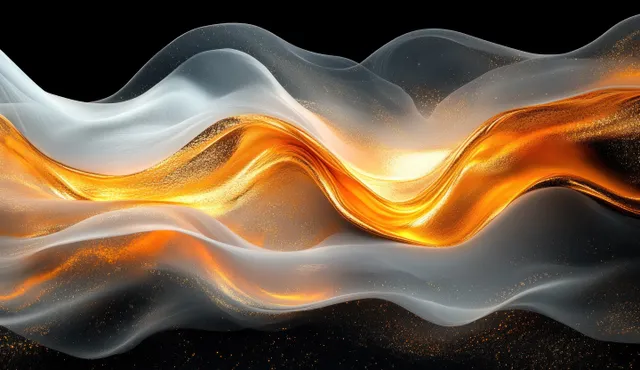 Abstract gold and black flowing waves with glowing curved light