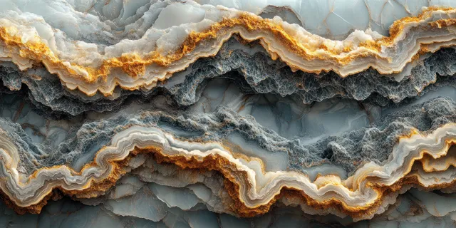 Grey marble slab with layered veining and warm mineral edge highlights under soft lighting