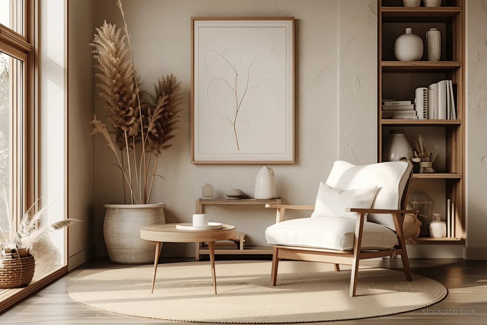 Japandi living room scene with wooden armchair, coffee table, round rug, and bookshelf wall decor in warm neutrals.