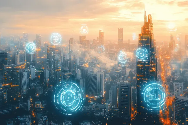 Vista aérea do horizonte de uma cidade inteligente com ícones holográficos de IoT e rede sem fio flutuando sobre os prédios.