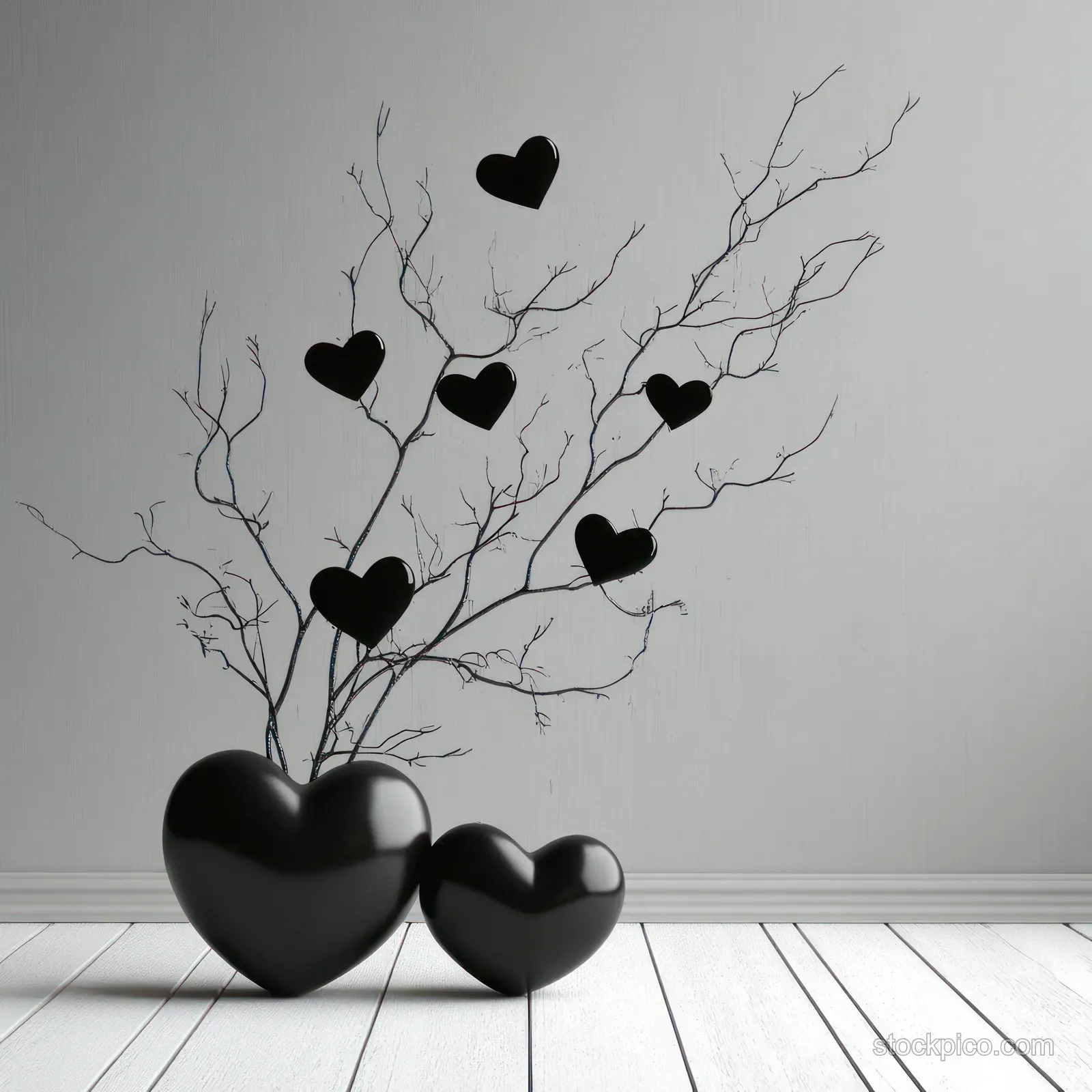 Two large black hearts and bare branches decorated with smaller black hearts stand on a white floor against a plain gray wall.