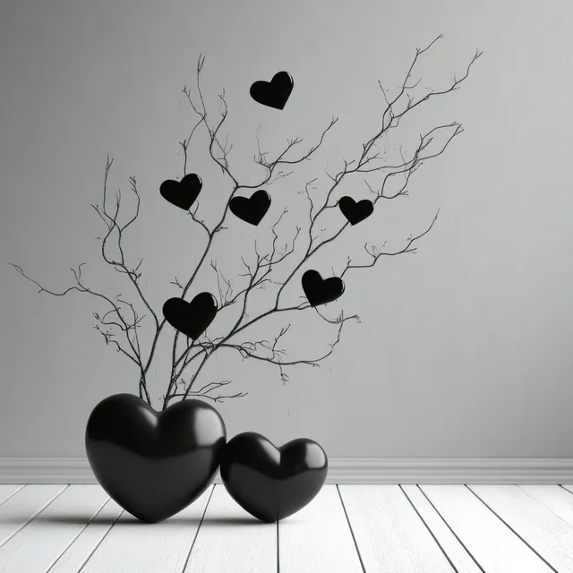 Two large black hearts and bare branches decorated with smaller black hearts stand on a white floor against a plain gray wall.