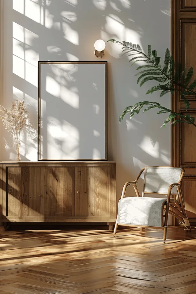 Minimalist poster mockup on wooden parquet floor with sunlight shadows through window