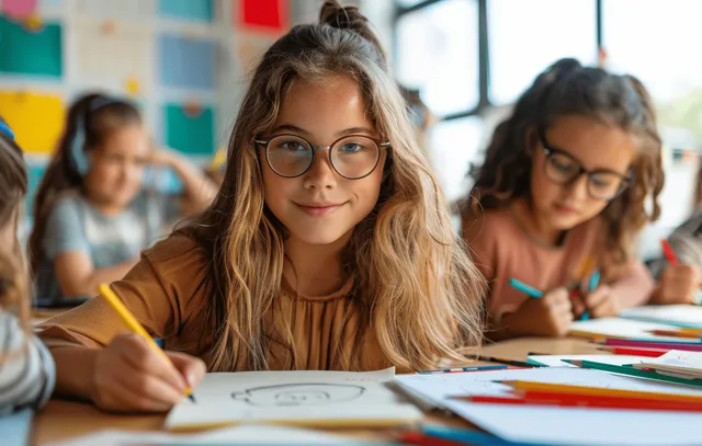 Teacher helps diverse children draw with colorful pencils in a bright classroom