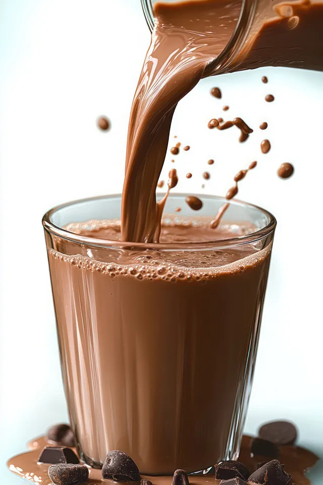 Chocolate milk pours into a clear glass with cocoa pieces and splashes on a white background.