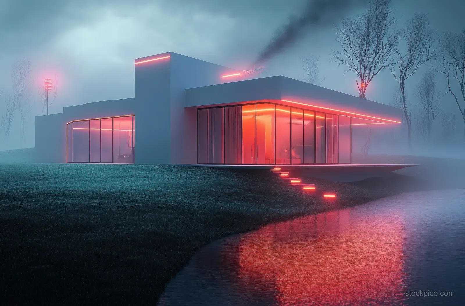 Futuristic house exterior at night with red and blue security lights, CCTV cameras, and misty reflections on wet driveway.