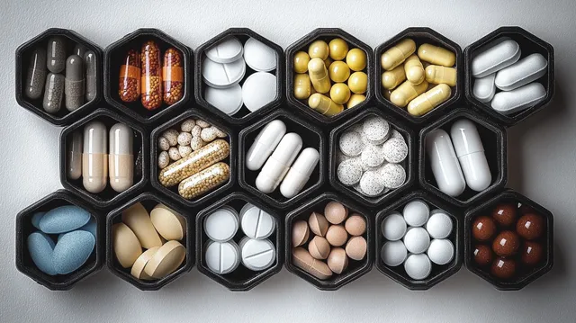 Colorful capsules and tablets arranged in hexagonal black pill containers on white background