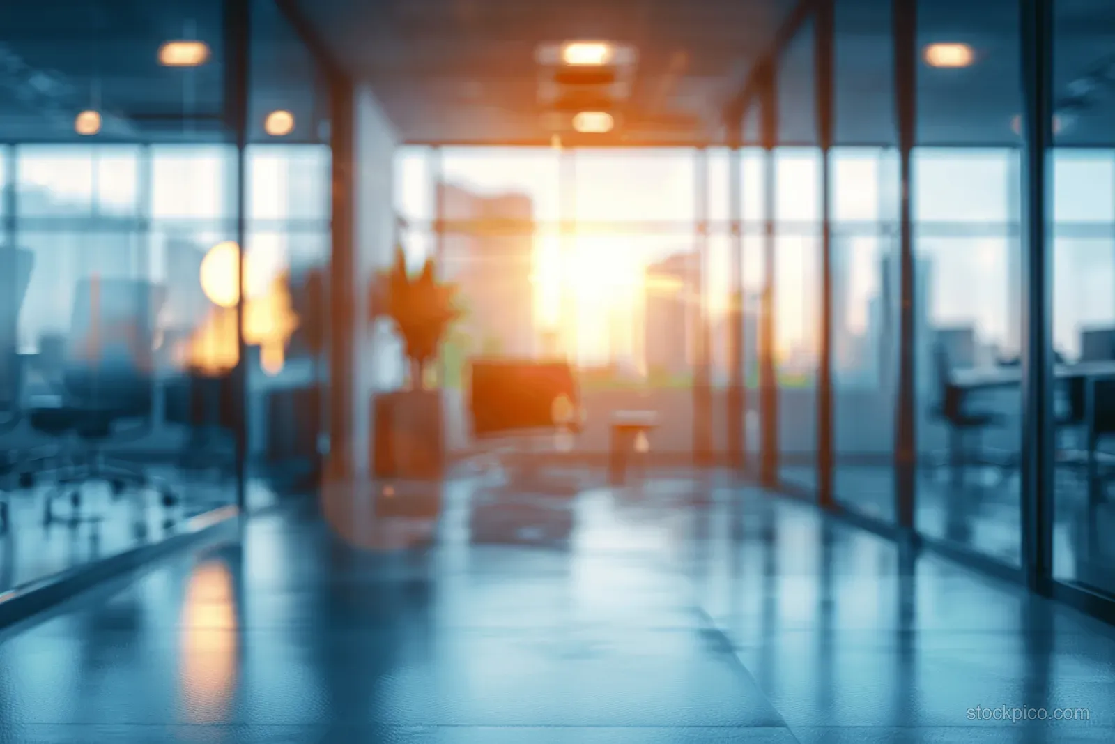 Sunlit modern office corridor with panoramic windows and warm bokeh blur across the floor.