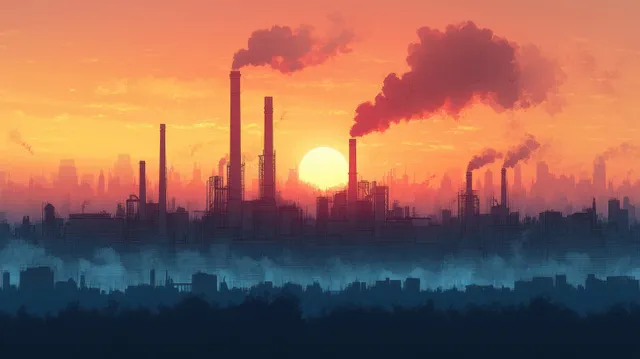 Smokestacks from an oil refinery emit smoke over a hazy city skyline during a sunset.