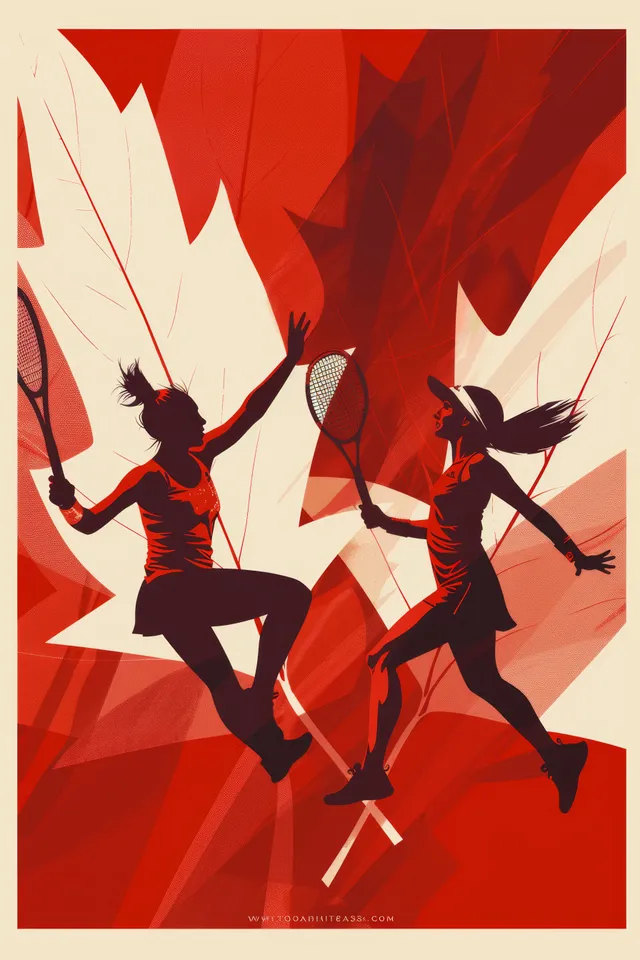 Minimalist poster featuring red and white silhouettes of tennis players with motion lines on a textured gradient background.