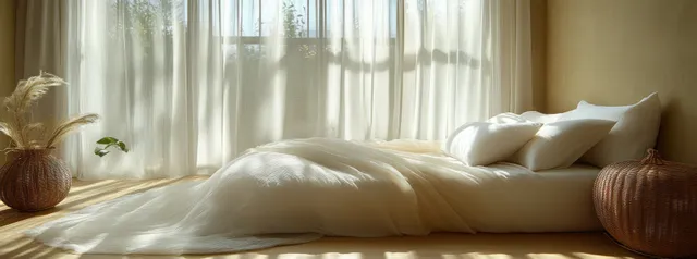 An Asian woman rests on white pillows in a serene bedroom with soft natural light coming through curtains.