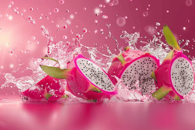 Ripe pitahaya dragon fruit with water splash on vivid pink background