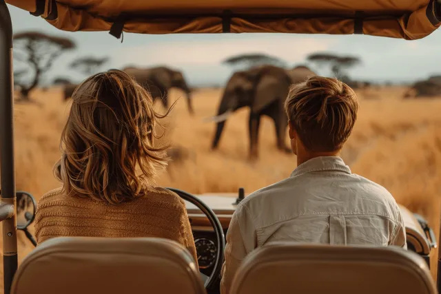 Couple seated in an open safari jeep observing elephants across a sunlit savanna.