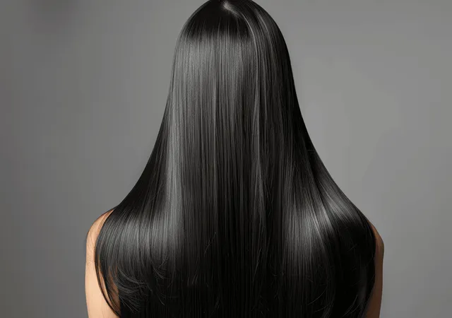 Woman seen from the back with long straight black hair and glossy smooth shine against a plain grey background.