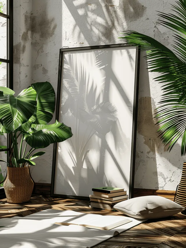 Sunlit living room with framed poster mockup, palm leaves, and stacked books on wooden table with Framed Wall Art Presentation
