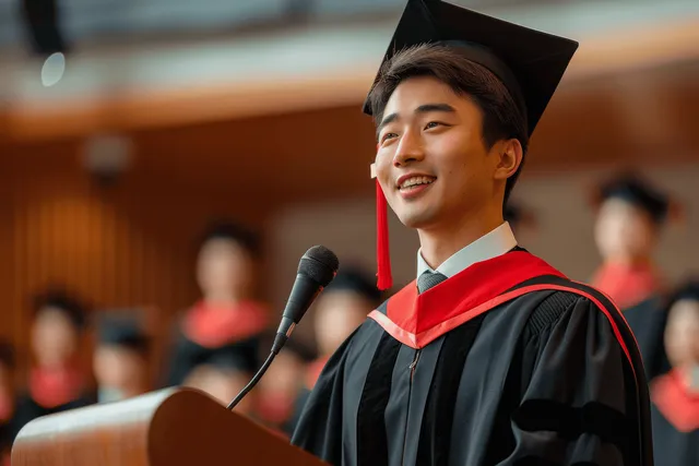 Young Asian graduate giving a speech at graduation ceremony, smiling by microphone podium