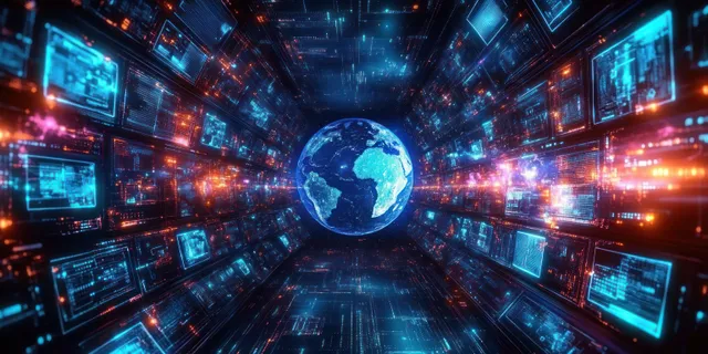 Neon cyberpunk digital globe with floating screens and glowing network paths