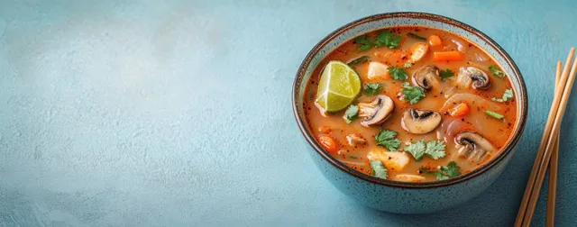 Rustic bowl of spicy mushroom vegetable soup topped with cilantro and lime, with chopsticks on a blue background.
