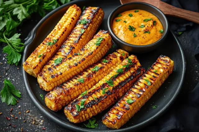 Six grilled corn cobs on a black plate with chopped herb garnish and orange dipping sauce