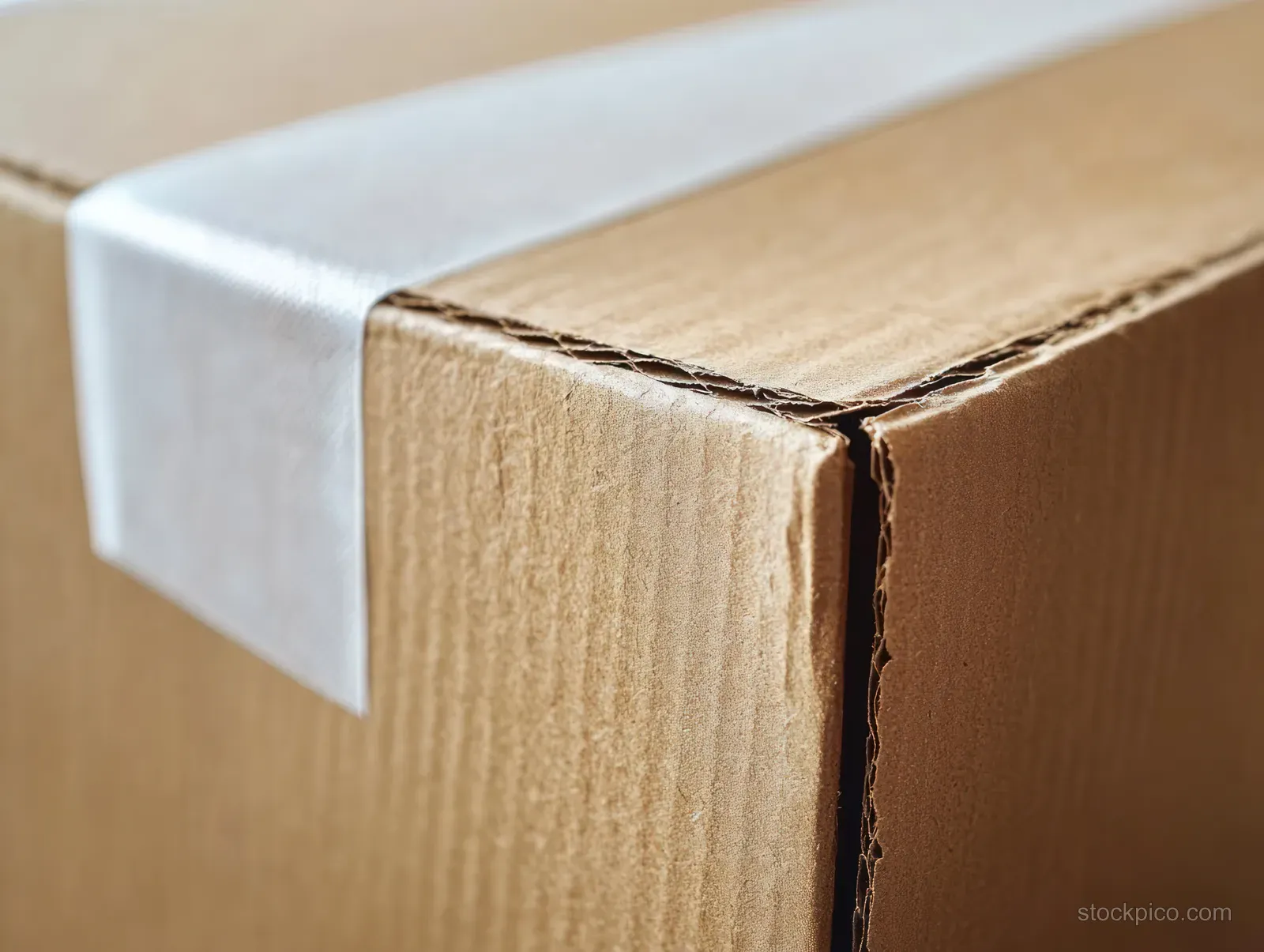 Brown corrugated shipping box sealed with a blank adhesive tape strip in close-up view.