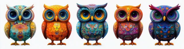 Five colorful owl figurines with oversized expressive eyes and ornate feather patterns standing side by side.