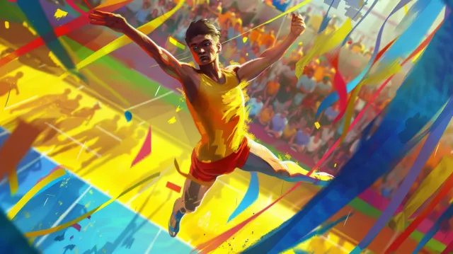 A gymnast performs a dynamic mid-air move during a vibrant floor routine in a lively Ukrainian arena filled with cheering fans.