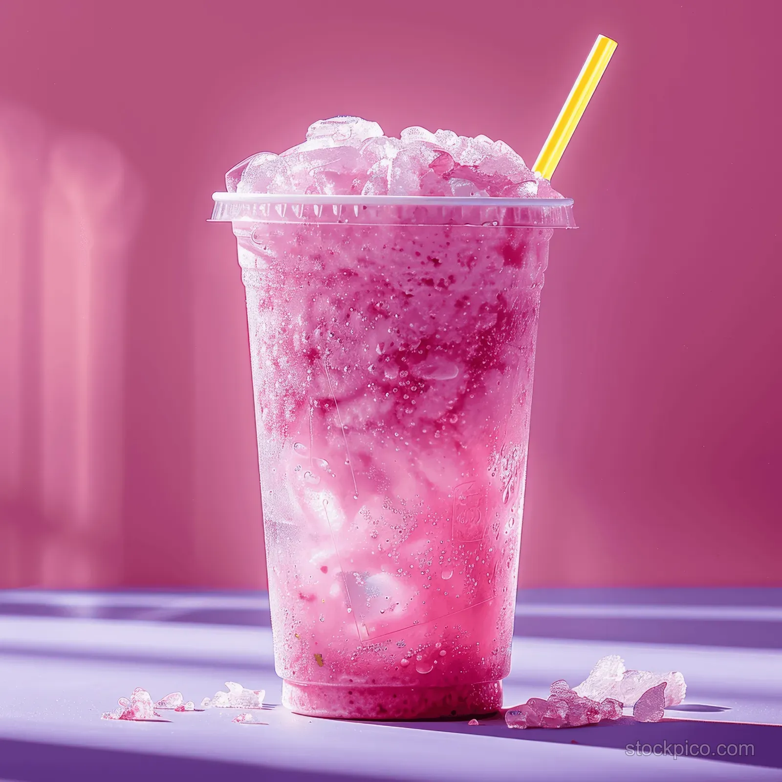 A plastic cup of ice-cold pink drink with crushed ice and a yellow straw on a purple background.