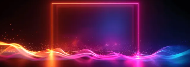 Neon light cube emitting glowing ribbons with ultraviolet beams on dark background