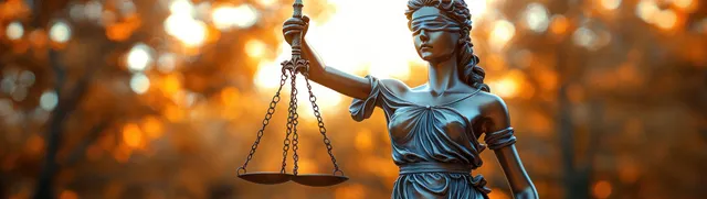 Bronze Lady Justice statue holds balanced scales and sword under warm golden light with blurred background bokeh.