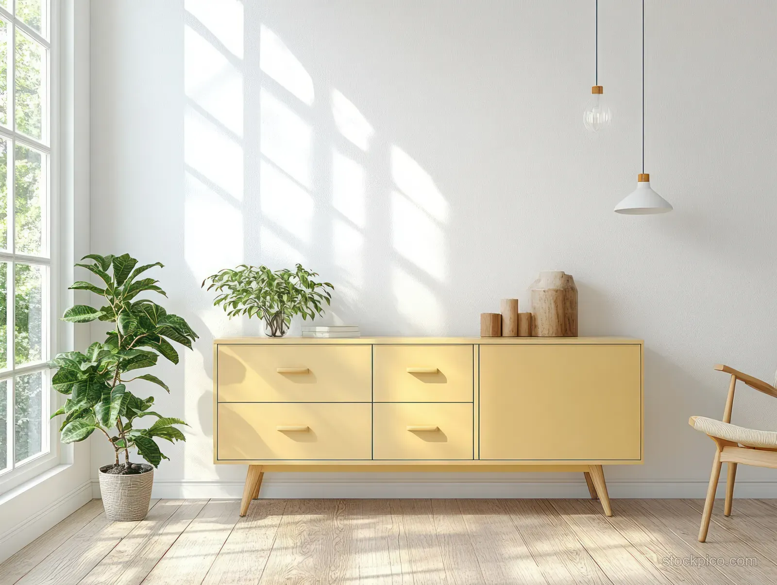 Minimal Scandinavian living room showing a yellow sideboard, potted plants, and sunlit windows.