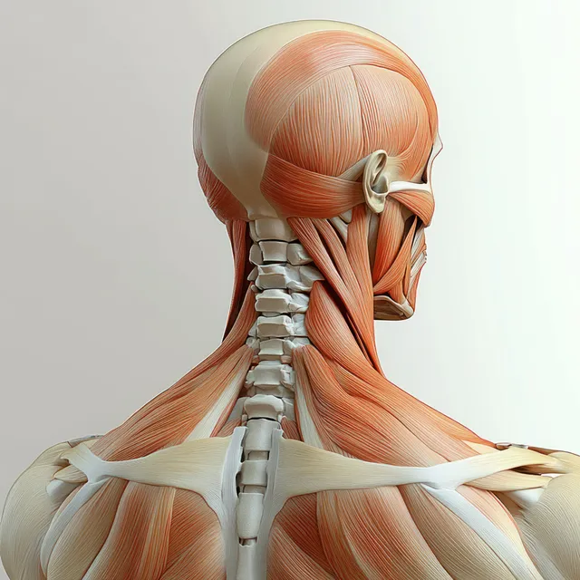 Rear view anatomical 3D illustration of the neck and trapezius muscles over the vertebrae.