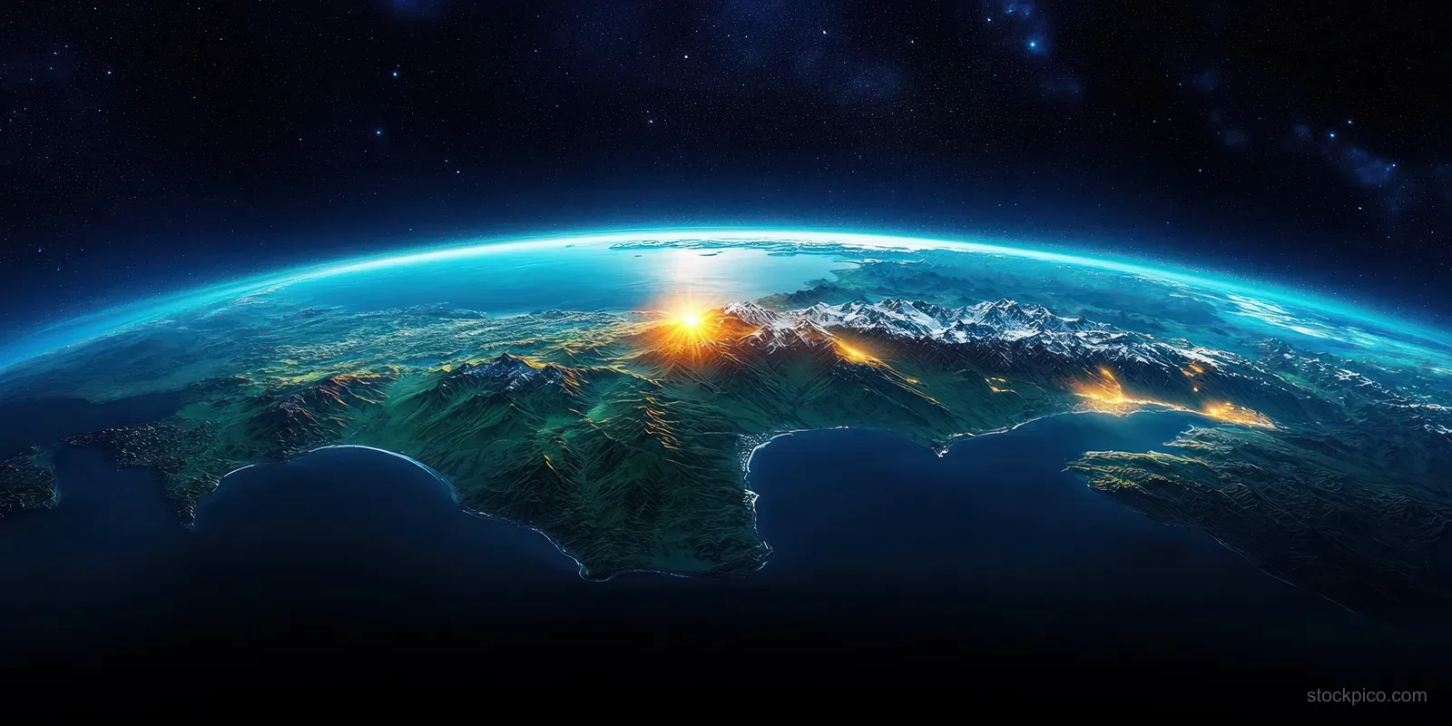 New Zealand is visible from space at night with glowing city lights along the coast and a starry sky.