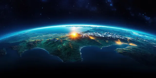 New Zealand is visible from space at night with glowing city lights along the coast and a starry sky.