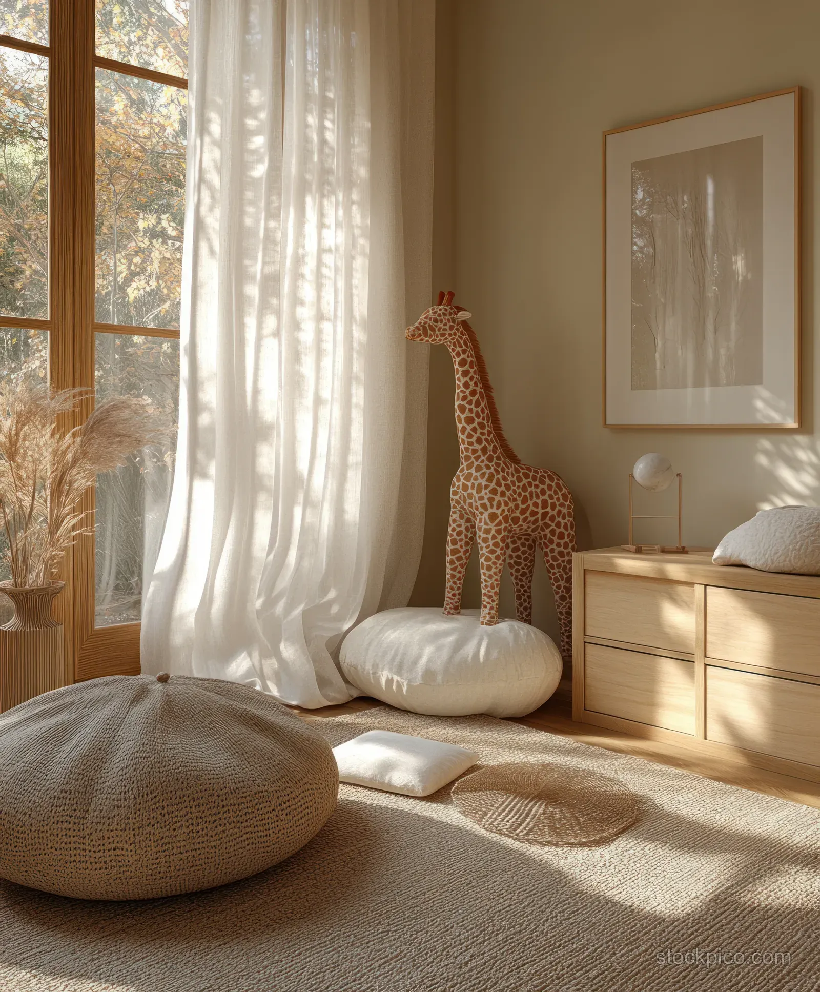 Sunlit Scandinavian children’s room with a wooden dresser, bedding, and a straw giraffe on the bed.