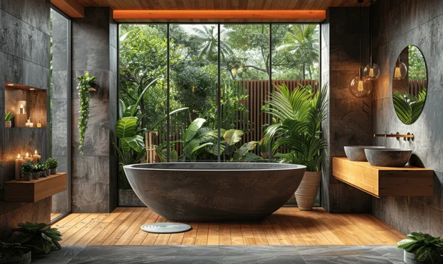 Dark bathroom interior with a center bathtub, black stone tiles, wooden glass details, double sinks, and green plants by windows.