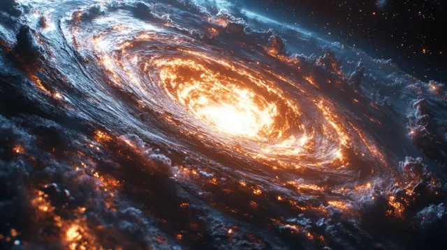 Fiery accretion disk circles a dark black hole as warped light and stardust swirl through deep space.