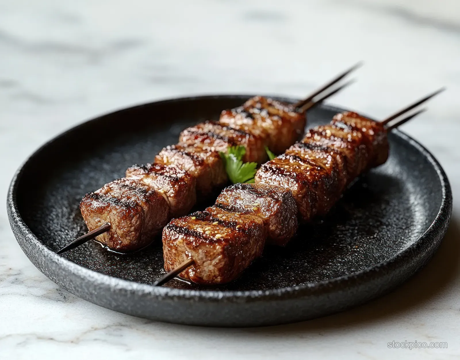 Two skewers of grilled meat cubes with char marks and a small herb garnish on a black plate atop light marble.