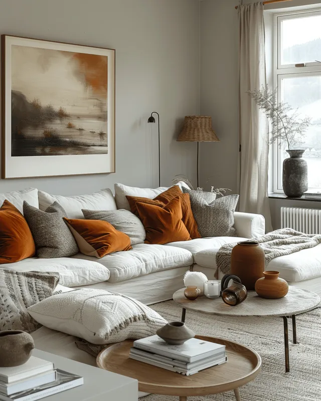 White sofa with orange pillows sits beside a round wooden coffee table in a bright minimalist living room.