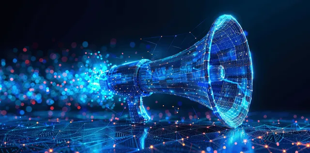 A holographic megaphone emits glowing blue data streams across a neon circuit network at night.