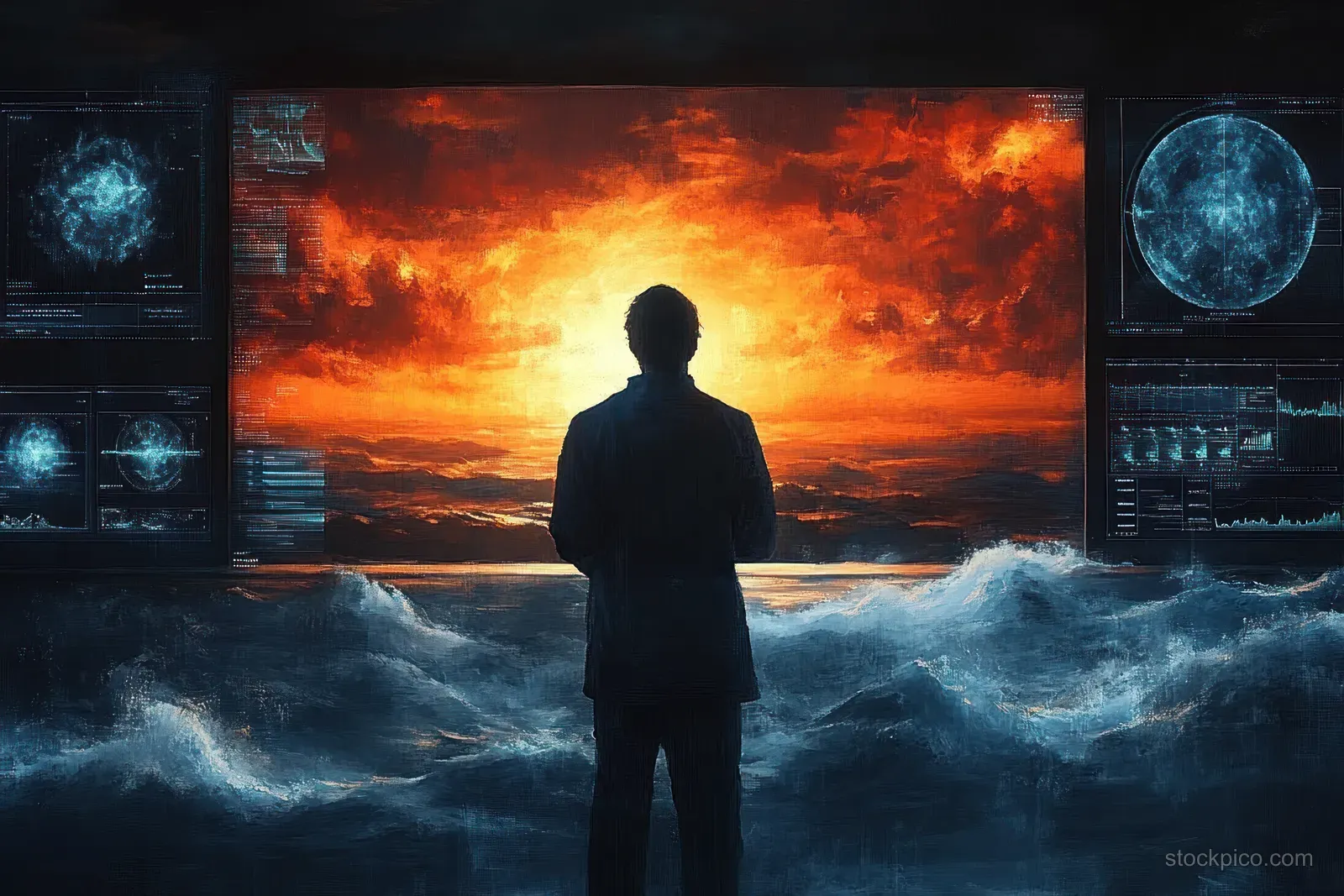 Silhouette of a person standing in rough ocean waves with glowing futuristic data screens on both sides at sunset.