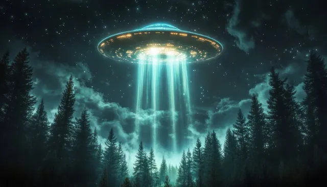 Glowing flying saucer hovers over a dark pine forest, shining blue beams through mist at night.