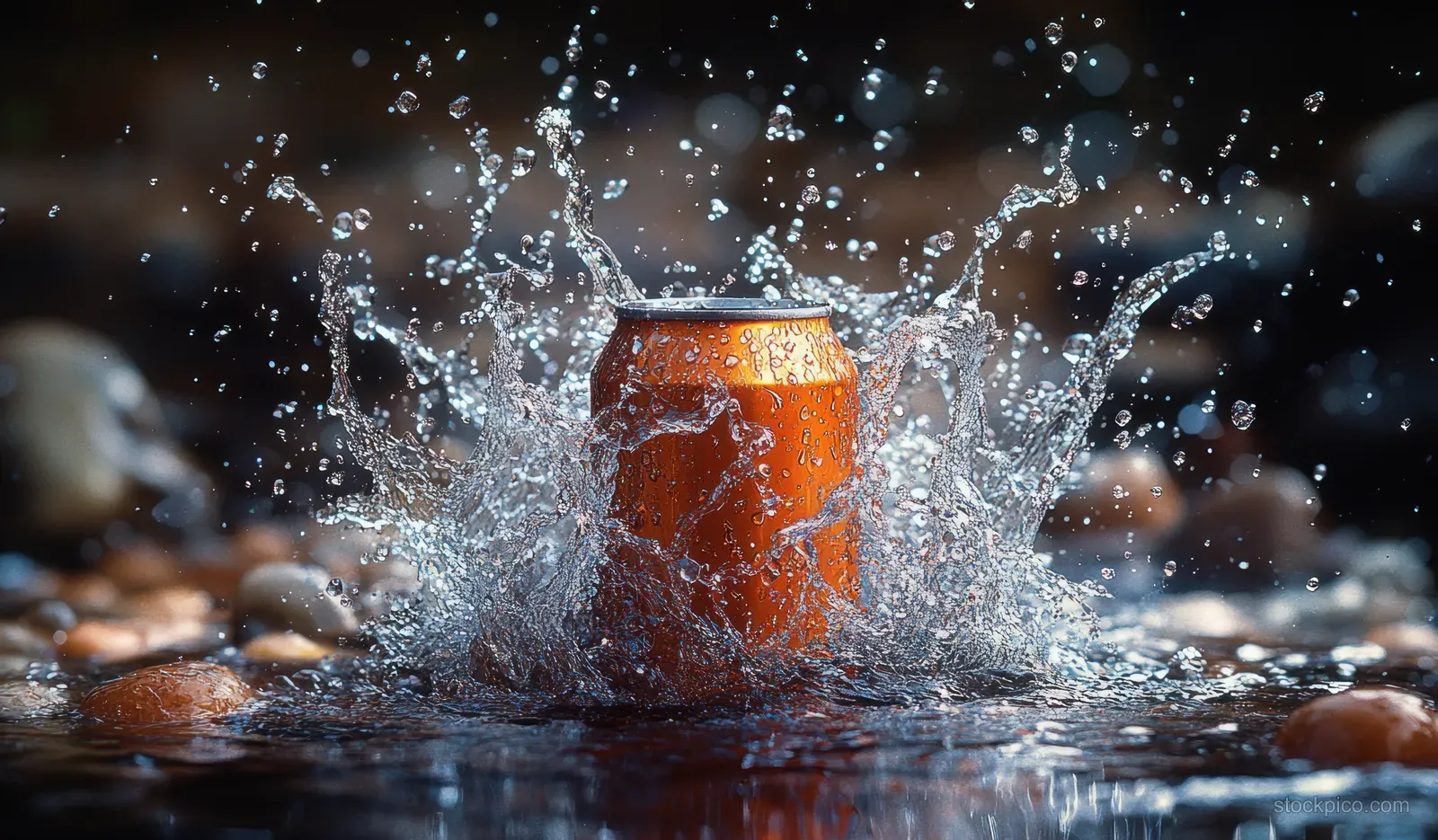 Black soda can hits the water surface, spraying droplets upward against a dark high-contrast background.