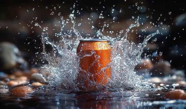 Black aluminum soda can smashing into water, splashing droplets in high-contrast light