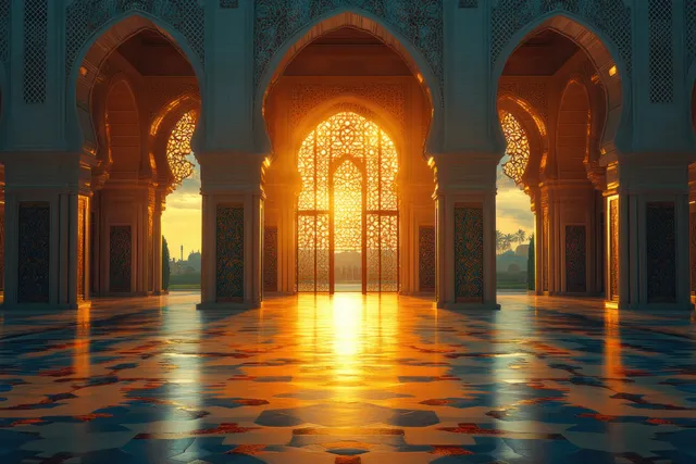 Interior of a grand Istanbul mosque with illuminated arches, intricate tile patterns, and reflective floor at sunset.