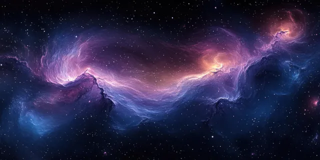 Purple and blue nebula swirls glow across a deep starry sky with drifting dust clouds.