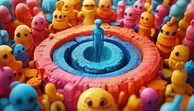 Colorful toy crowd and a single figurine standing on a glowing target ring