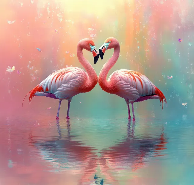 Two pink flamingos stand close together with mirrored reflections in pastel watercolor rippling water.