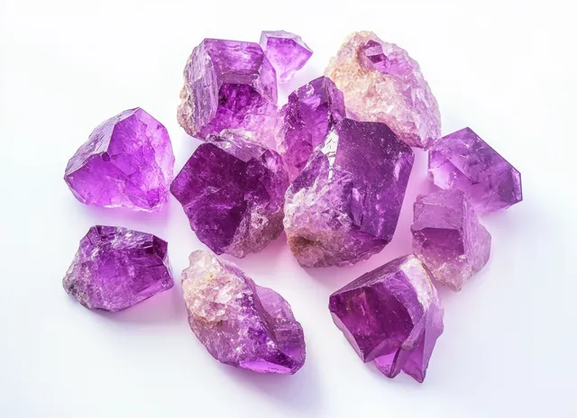 Raw purple amethyst crystals with translucent facets scattered on a white background.