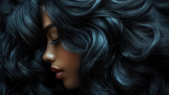 Side profile close-up of a woman with textured black curly hair catching soft natural light.