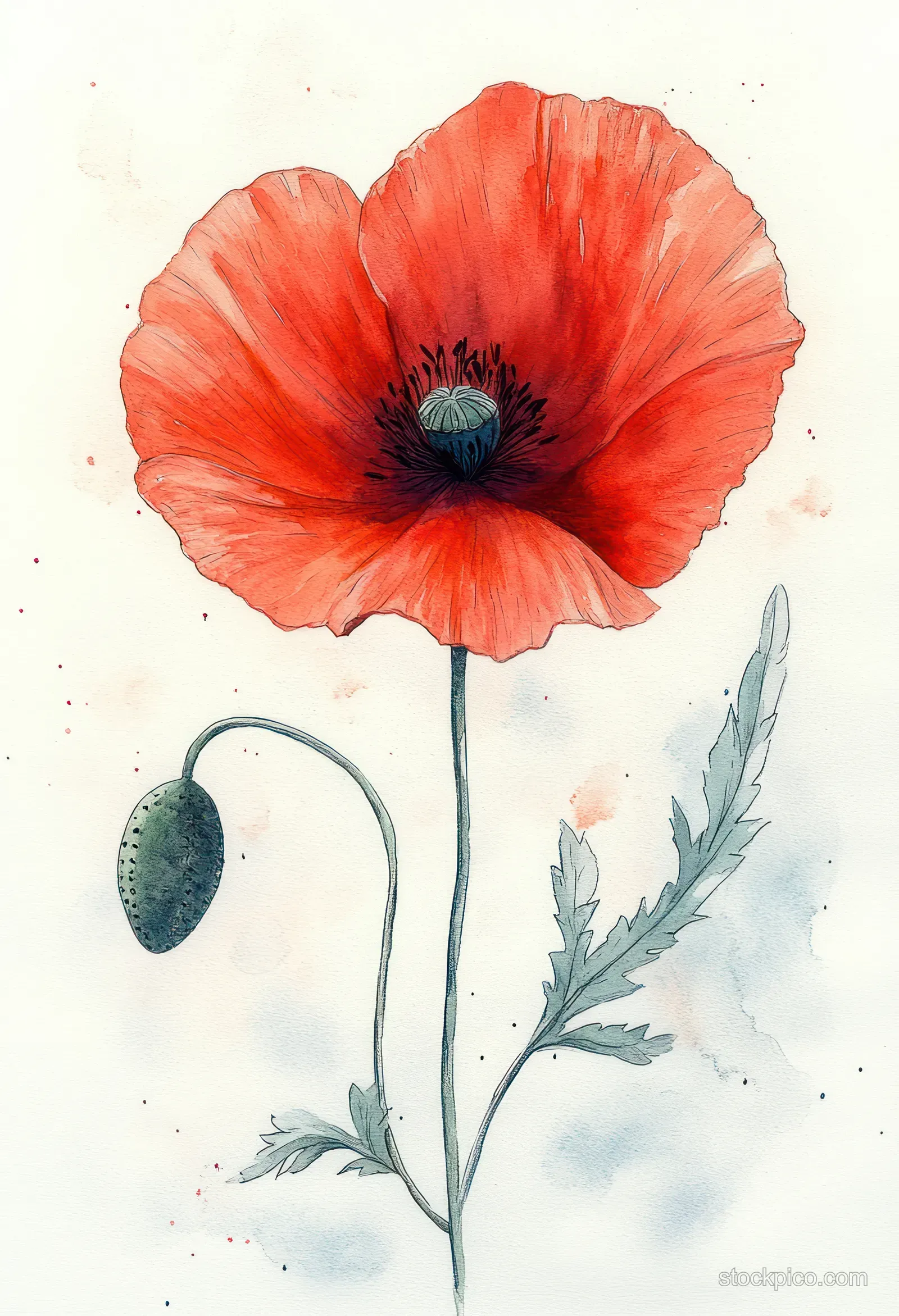 Red poppy flower with a green bud and feathery leaves painted on a soft watercolor background.